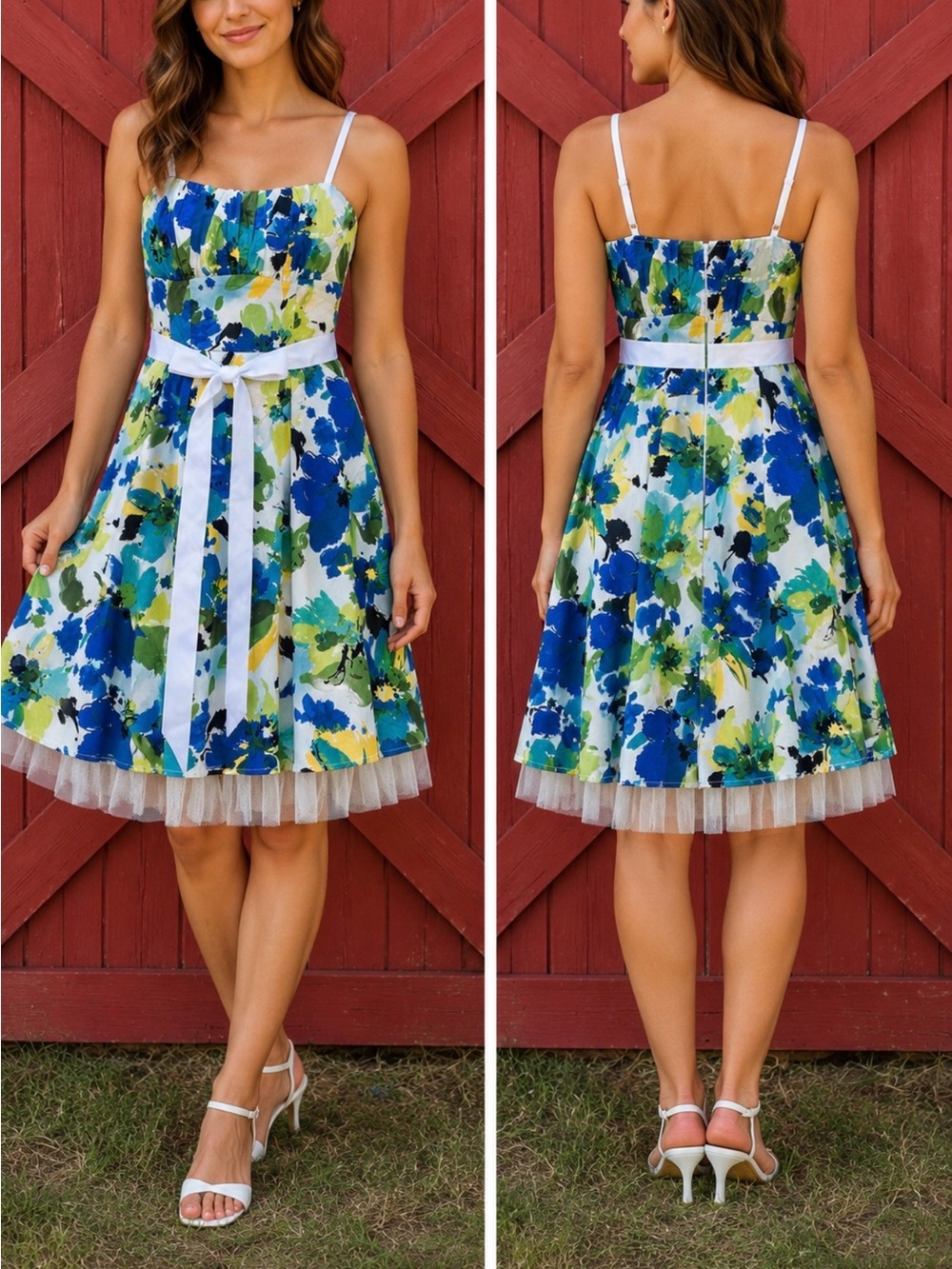 dressbarn Blue, Green & Yellow Floral Adjustable Spaghetti-Strap Dress Size 10